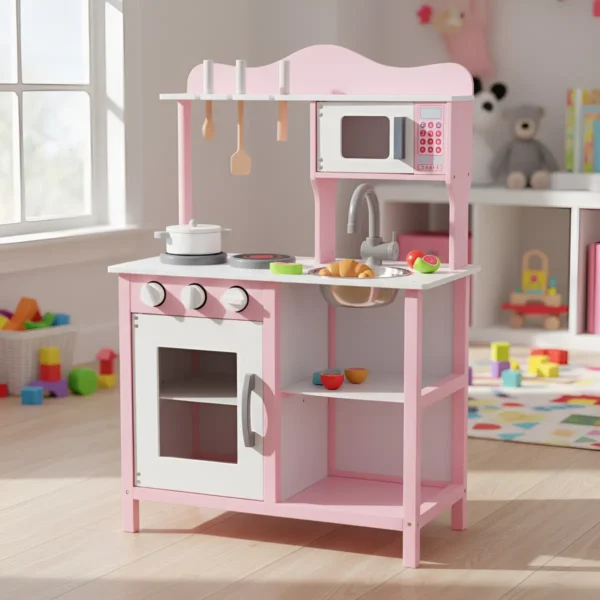 Cocina De Madera Rosa Infantil + Microondas + Accesorios