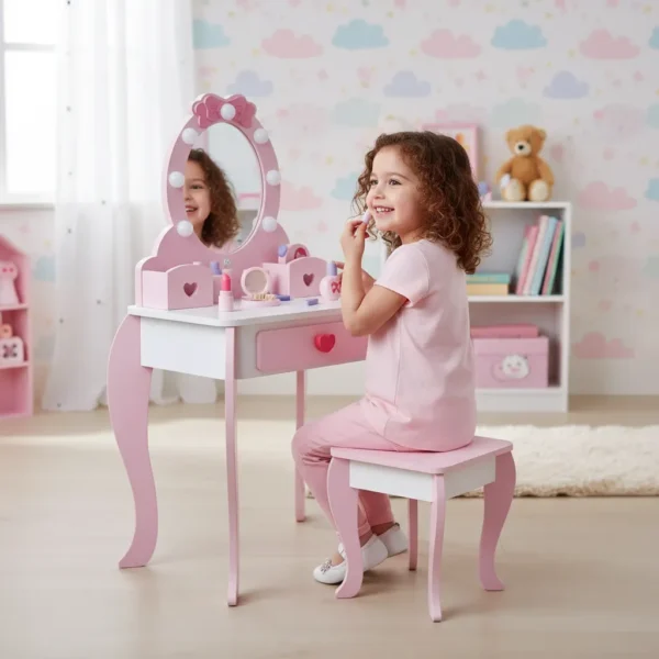 Tocador Con Banco De Madera Niñas Y Niños Rosa Y Blanco
