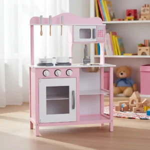 Cocina De Madera Rosa Infantil + Microondas + Accesorios