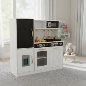 Cocina De Madera Con Heladera Y Microondas Rosa Y Blanco
