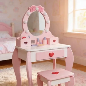Tocador Con Banco De Madera Niñas Y Niños Rosa Y Blanco