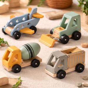 Set 4 De Vehículos De Madera Constructor, Excavadora Y Avión
