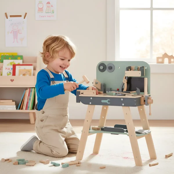 Banco Herramientas Madera Niños 3+ Martillo + Accesorios