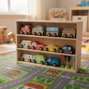 Set De Vehículos De Madera En Caja Tren Taxi Policía Y Mas