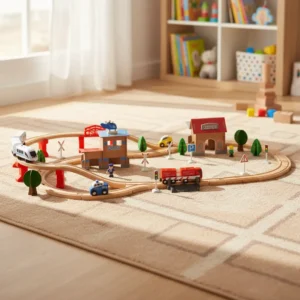 Pista De Tren De Madera Infantil Con Autos Y Tren A Pila