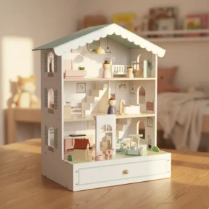 Casa De Muñecas De Madera Blanca 3 Pisos Con Muebles Y Cajón